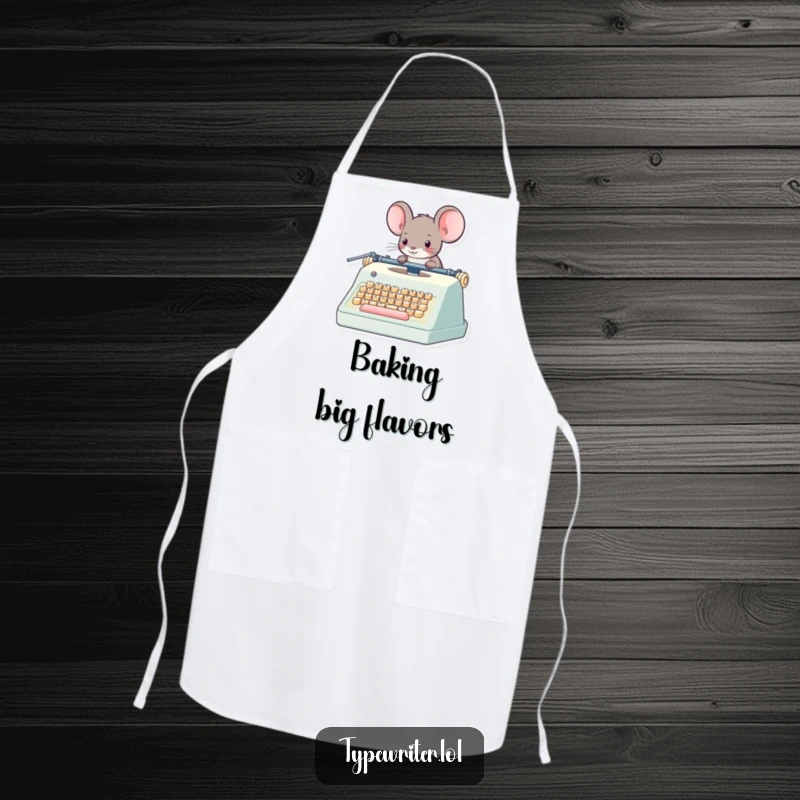 Funny Mouse Apron: A whimsical mouse character operating a giant typewriter, adding a magical touch to kitchen attire.