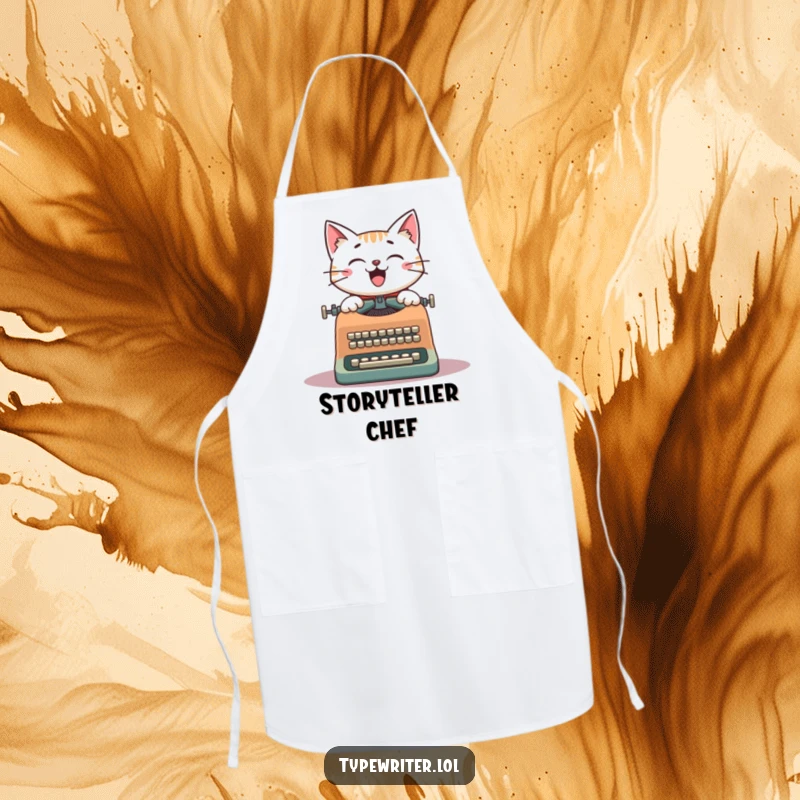 Funny Cat Writer Apron: A cheerful cat typing on a vintage typewriter, designed for a humorous and practical kitchen experience.