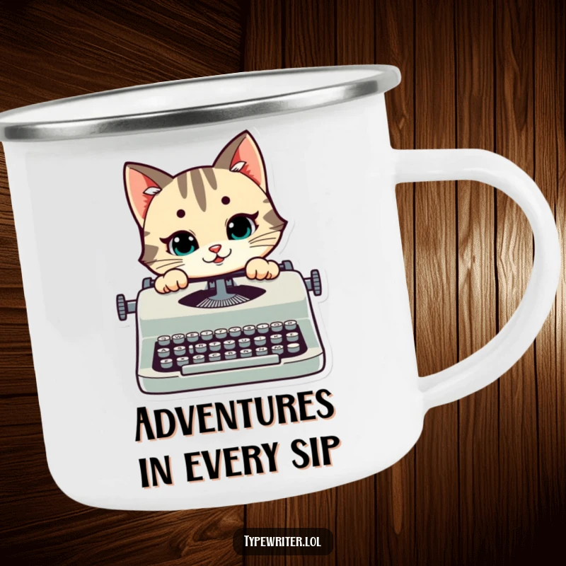 Funny cat camping mug showing a happy stylized cat peeking over a typewriter with a mischievous smile, ideal for outdoor use.