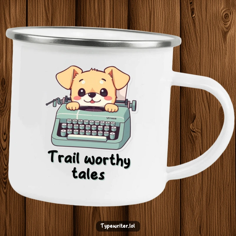 Funny dog camping mug showing a playful small dog looking up from a typewriter with curious eyes, ideal for outdoor use.