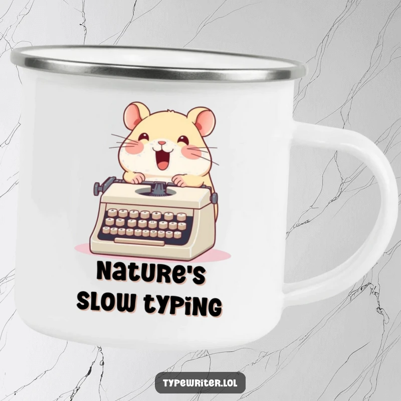 Funny hamster camping mug, a cute round hamster enthusiastically typing on a vintage typewriter with glee, humorous outdoor gift.