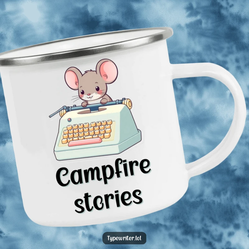 Funny Mouse Camping Mug: A whimsical mouse character operating a giant typewriter, ideal for campfire tales and hot drinks.