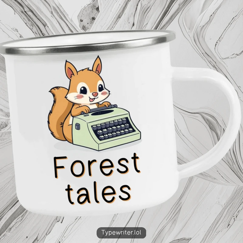 Funny Squirrel Camping Mug: A busy squirrel character typing rapidly on a typewriter, perfect for outdoor adventures and quick inspiration.