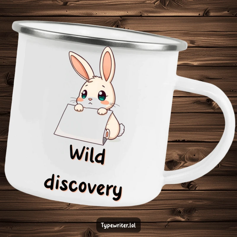Funny Rabbit Camping Mug: A curious rabbit character looking surprised at typed paper, ideal for outdoor adventures and hot drinks.