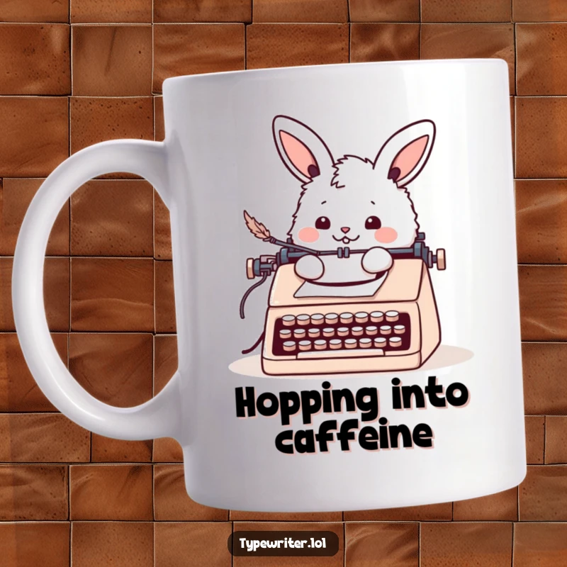 Funny bunny mug with a cheerful fluffy rabbit writing a letter with a quill pen at a typewriter, perfect for bunny lovers.