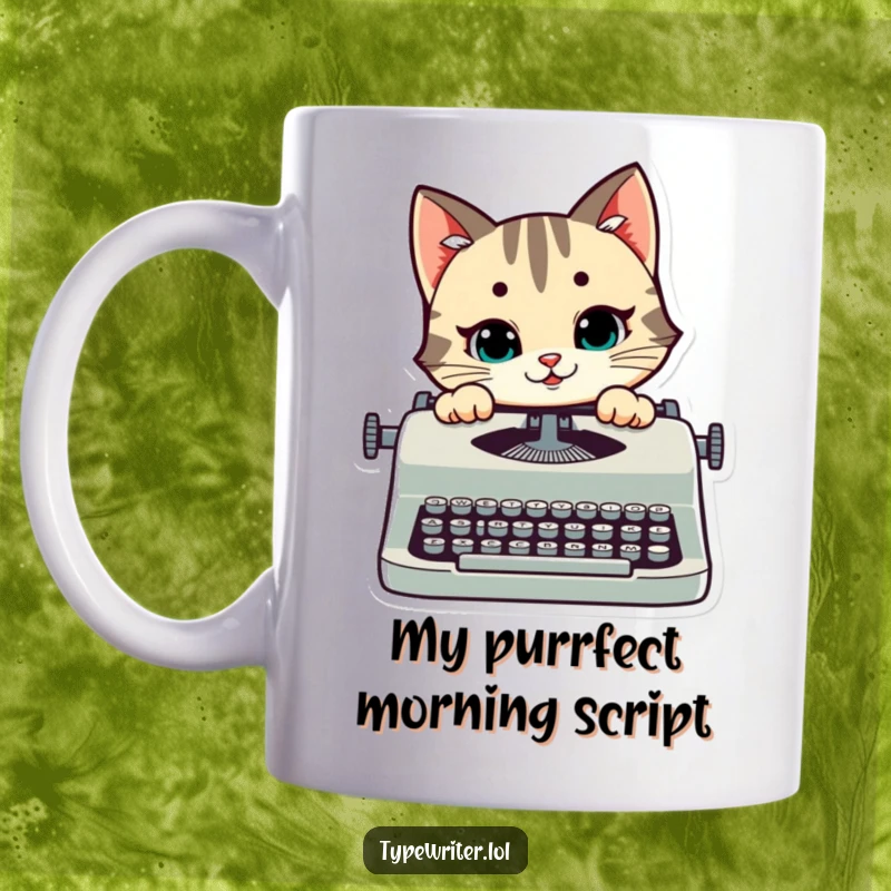 Funny cat mug with a stylized happy cat peeking over a typewriter, sporting a mischievous smile, perfect for a cat lover gift.