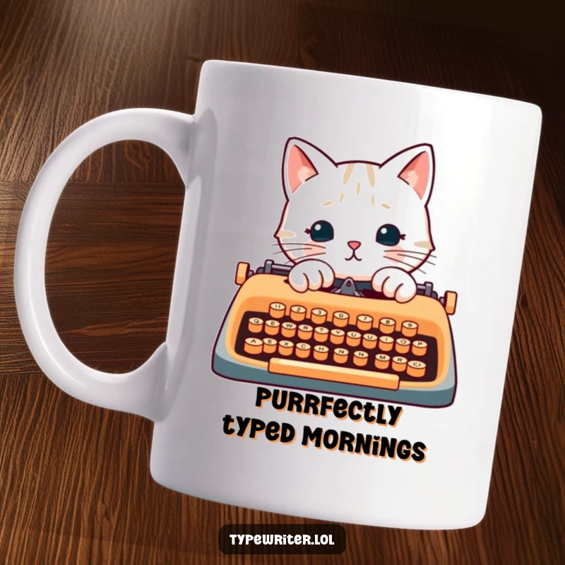 Funny cat character pecking at typewriter keys with its paws, portraying a feline author in action.