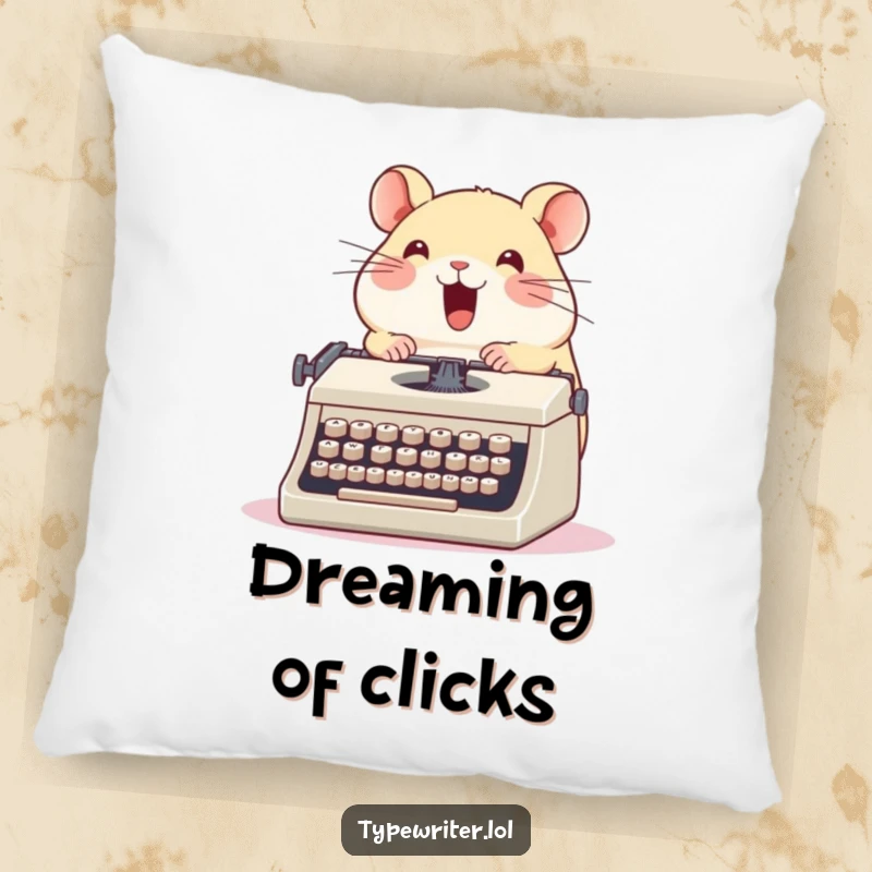 Funny hamster pillow, a cute round hamster enthusiastically typing on a vintage typewriter with glee, humorous decorative gift.