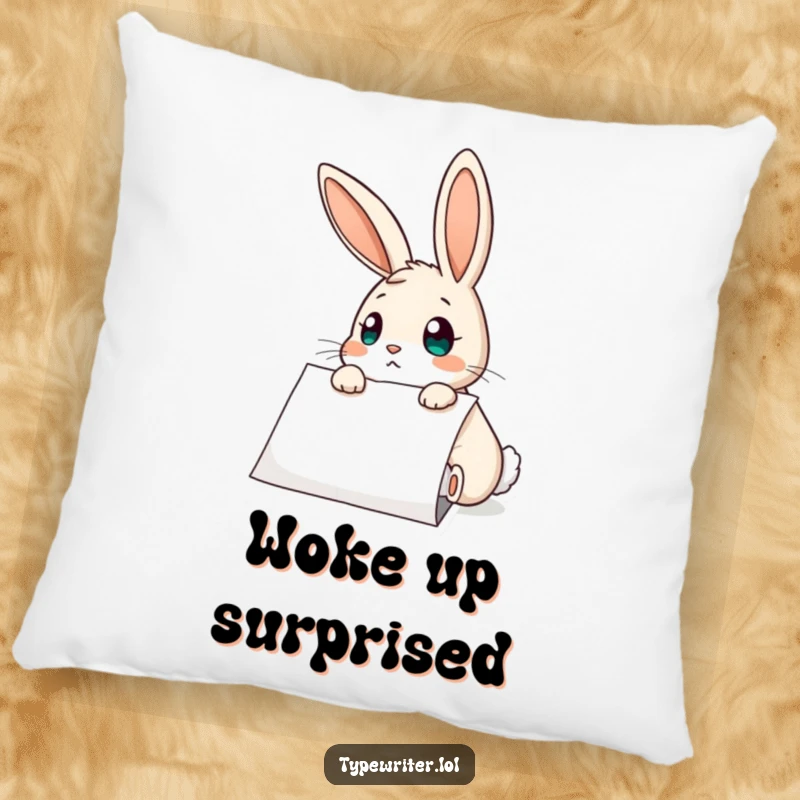 Funny Rabbit Pillow: A soft pillow featuring a curious rabbit character expressing genuine surprise and wide-eyed astonishment at typed words.