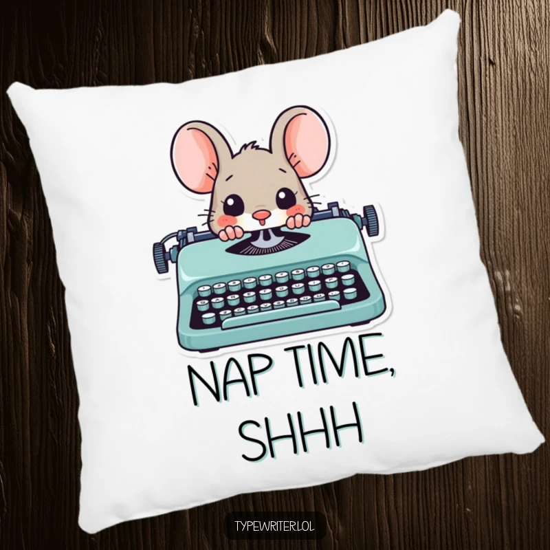 Funny mouse writer pillow, featuring a playful mouse character peeking from behind a typewriter.