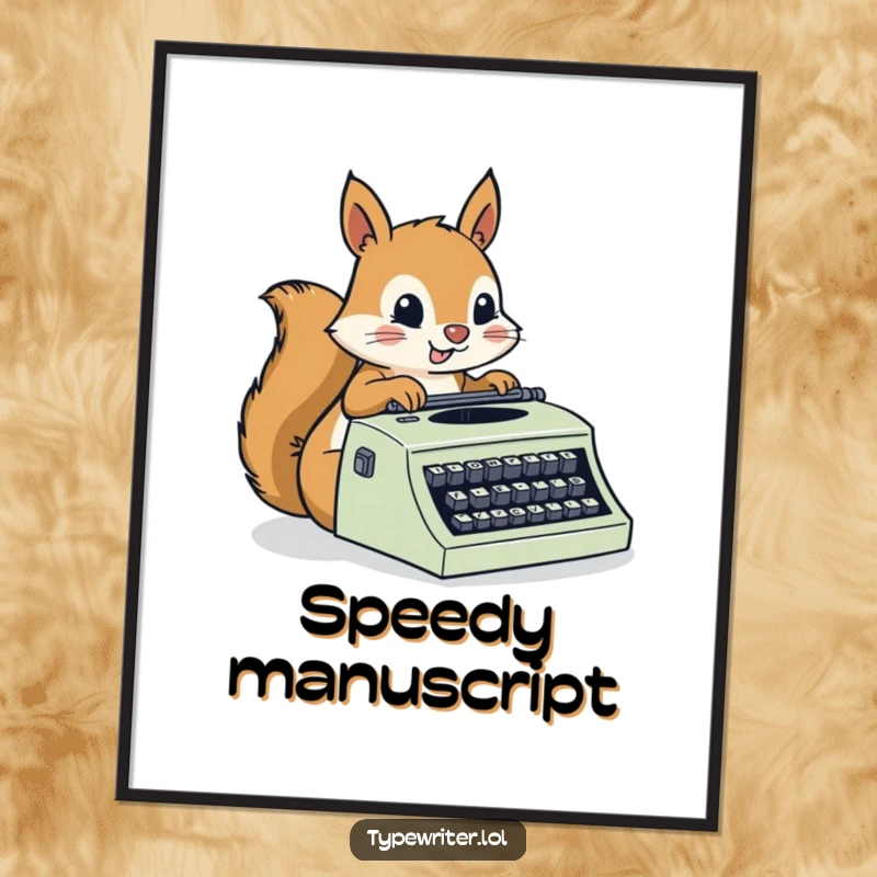 Funny Squirrel Digital Art Print: A busy squirrel character typing at high speed on a typewriter, conveying energy and productivity.