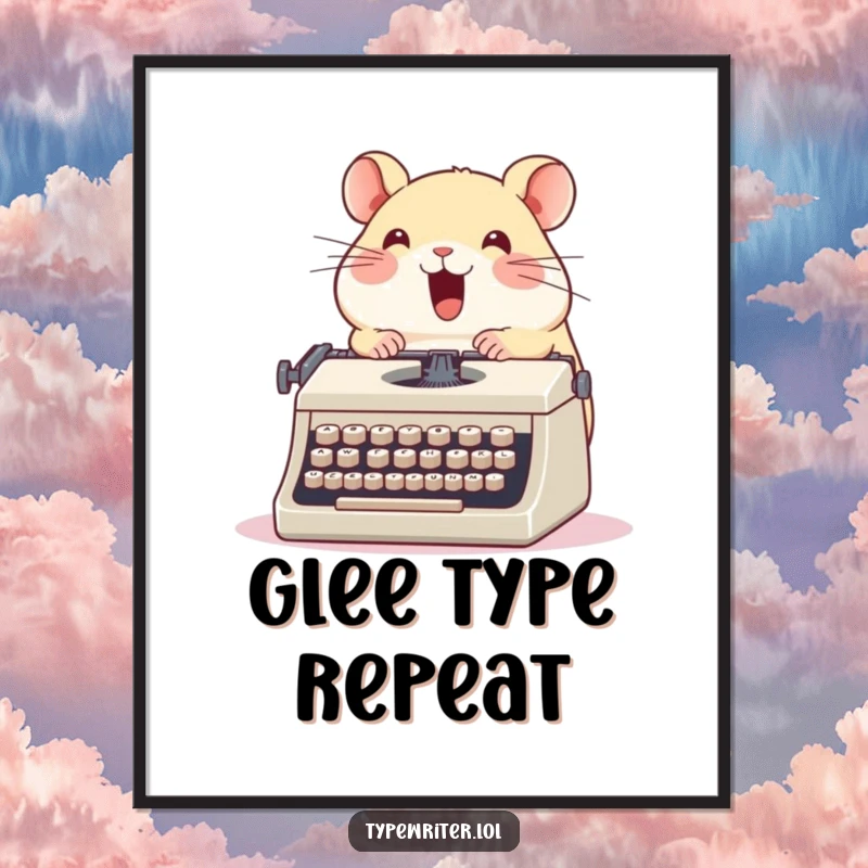 Funny hamster digital art print, a cute round hamster enthusiastically typing on a vintage typewriter with glee, humorous printable gift.