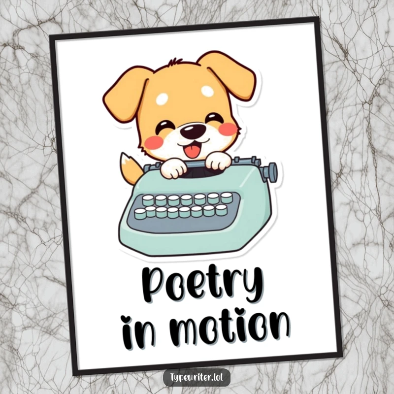 Funny Dog Digital Art Print: A playful dog character animatedly pecking at typewriter keys, conveying joy and creative energy.