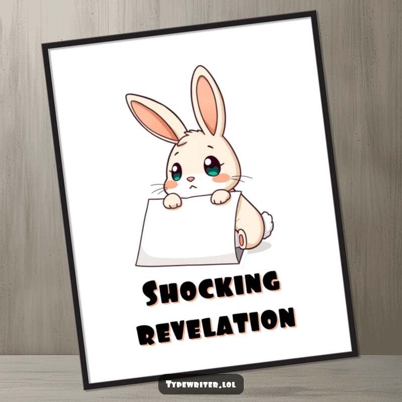Funny Rabbit Digital Art Print: A curious rabbit character with a shocked expression, staring at typed paper, conveying pure surprise.