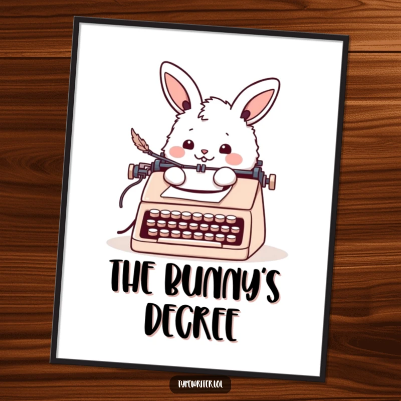 Funny bunny digital art print of a cheerful fluffy rabbit writing a letter with a quill pen at a typewriter, for instant decor.