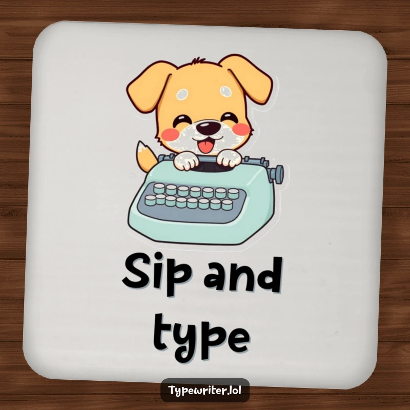 Funny Dog Coaster: A playful dog character energetically typing on a typewriter, adding a humorous artistic touch to any drink.