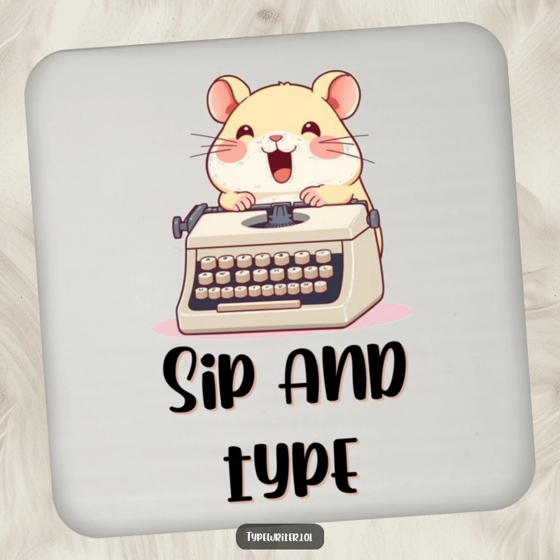 Funny hamster drink coaster, a cute round hamster enthusiastically typing on a vintage typewriter with glee, humorous housewarming gift.