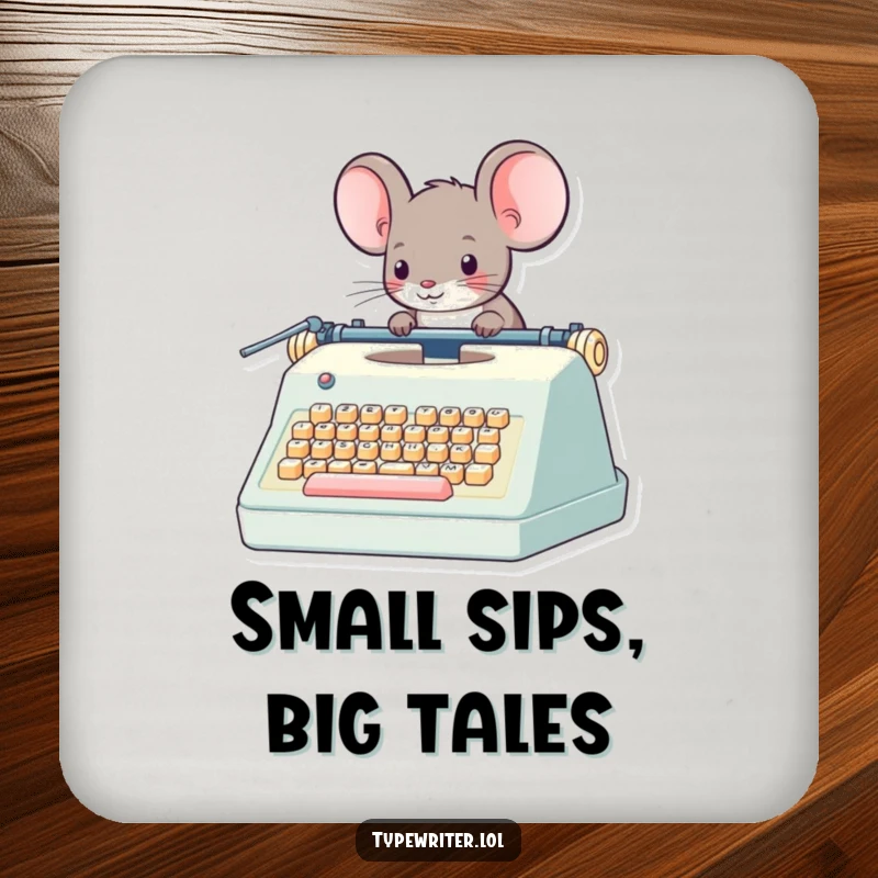 Funny Mouse Coaster: A whimsical mouse character operating a giant typewriter, adding a touch of magical protection to your drink.