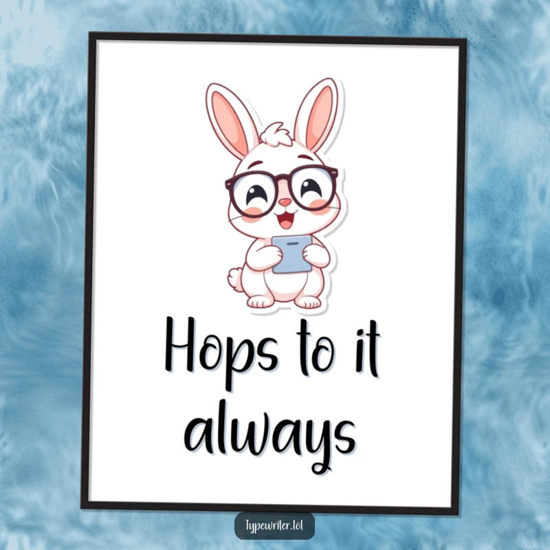 Funny bunny typist poster, featuring a cheerful bunny wearing spectacles and typing on a keyboard.