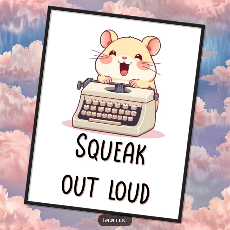 Funny hamster poster, a cute round hamster enthusiastically typing on a vintage typewriter with glee, humorous wall art gift.
