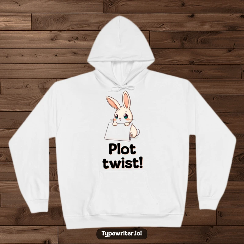 Funny Rabbit Hoodie: A curious rabbit character recoiling slightly with wide eyes, surprised by the words on the typed paper.