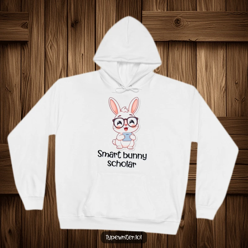 Funny bunny typist hoodie, featuring a cheerful bunny character wearing spectacles and typing.