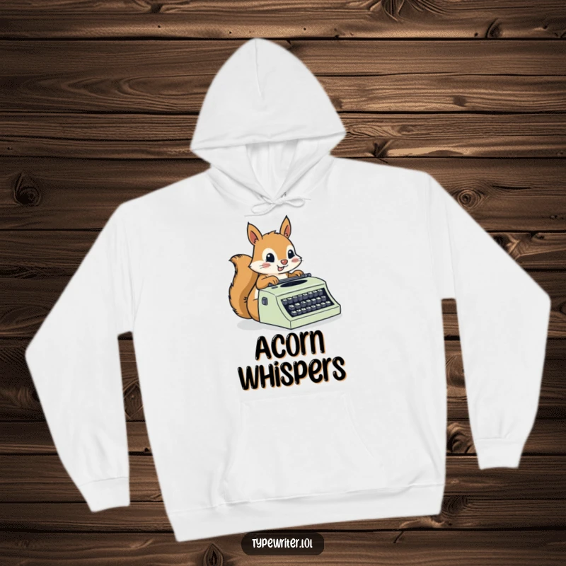 Funny Squirrel Hoodie: A busy squirrel character, a blur of activity, typing rapidly on a typewriter, wrapped in warm comfort.