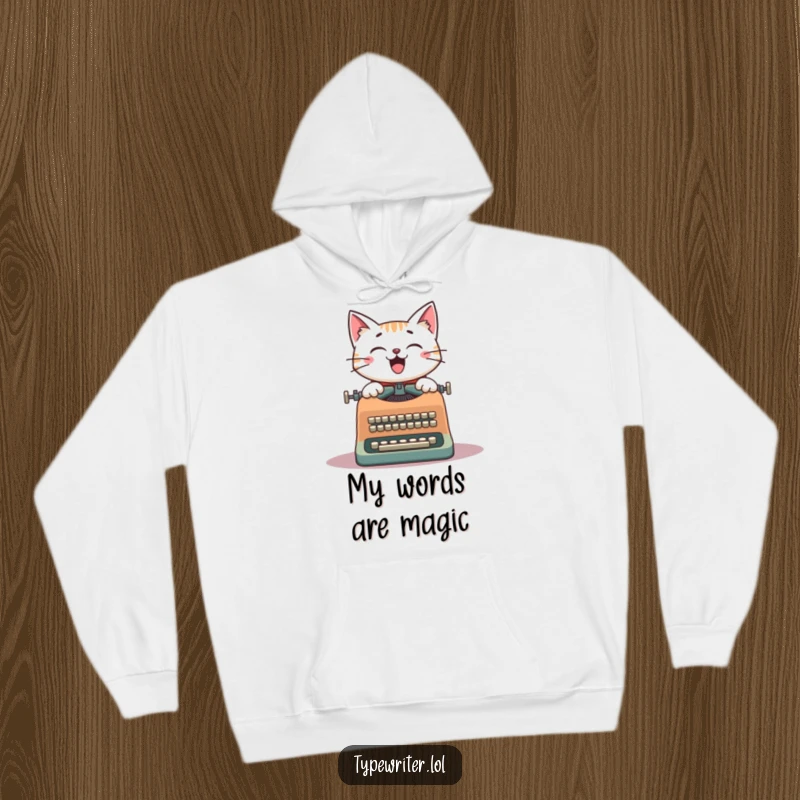 Funny Cat Writer Hoodie: A cheerful cat typing on a vintage typewriter, designed for ultimate warmth and humorous literary comfort.