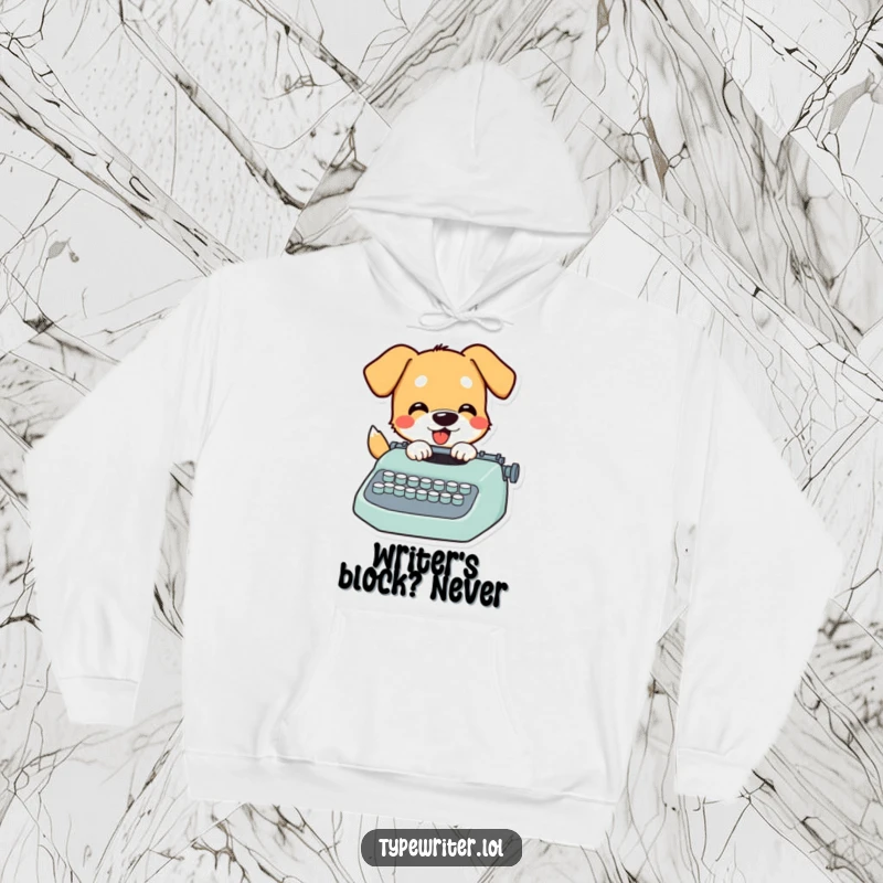 Funny Dog Hoodie: Comfort meets comedy with a playful dog character enthusiastically typing on a classic typewriter, creating a masterpiece.