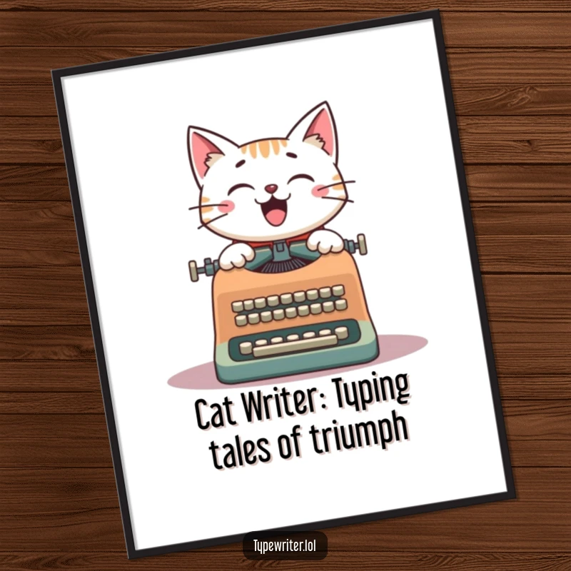 Funny Free Printable Wall Art: A cheerful cat happily types on a vintage typewriter, creating whimsical, literary-themed decor.