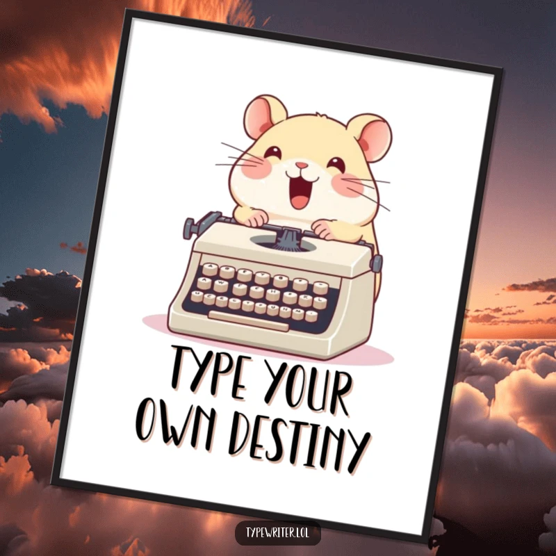 Funny Free Printable Hamster Wall Art: A cute hamster enthusiastically typing on a vintage typewriter with pure glee