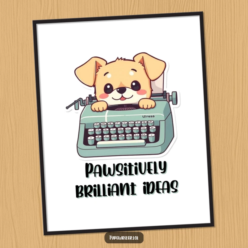 Funny Free Printable Wall Art featuring a small dog looking curiously up from a typewriter, perfect for any dog lover.