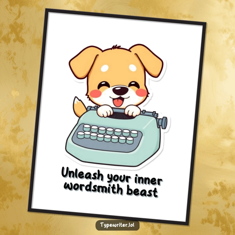 Funny Free Printable Wall Art of a playful dog enthusiastically pecking at typewriter keys, bringing a whimsical vibe.
