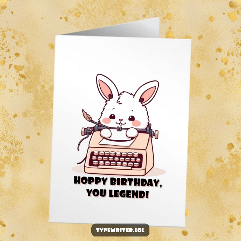 Funny Free Printable Birthday Card featuring a cheerful bunny writing a letter with a quill at a typewriter.