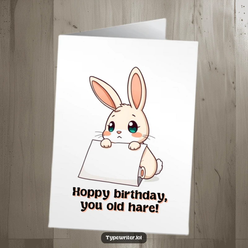 Funny Free Printable Birthday Card featuring a curious rabbit looking with wide eyes at a typed paper in surprise.