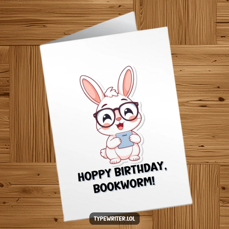 Funny Free Printable Birthday Card: A cheerful bunny character wearing spectacles is typing, ready to wish you a happy birthday with smart humor.