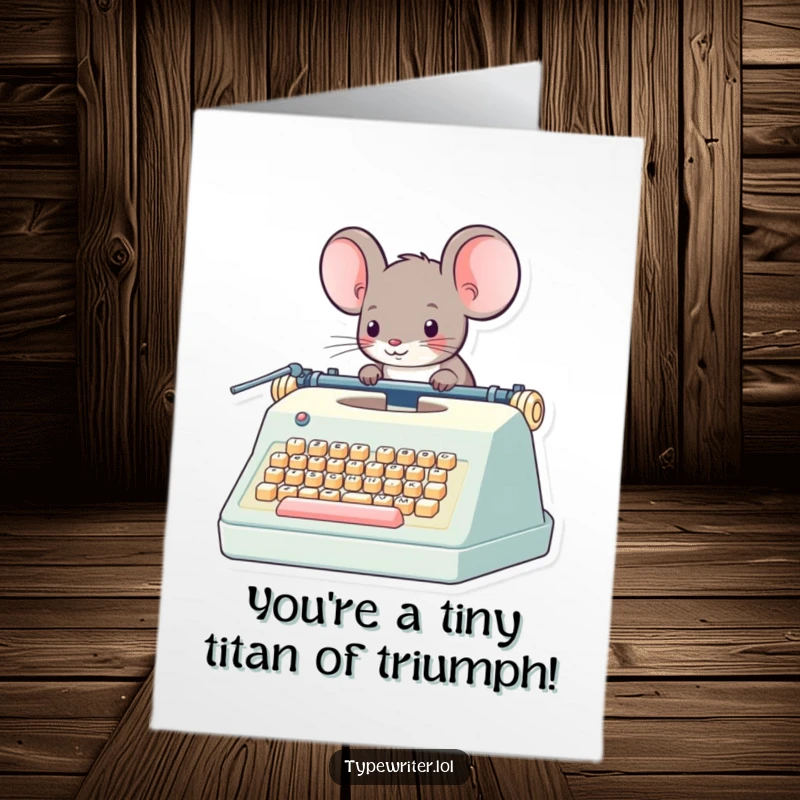 Funny Free Printable Congratulations Card showing a determined mouse working diligently on a comically giant typewriter.