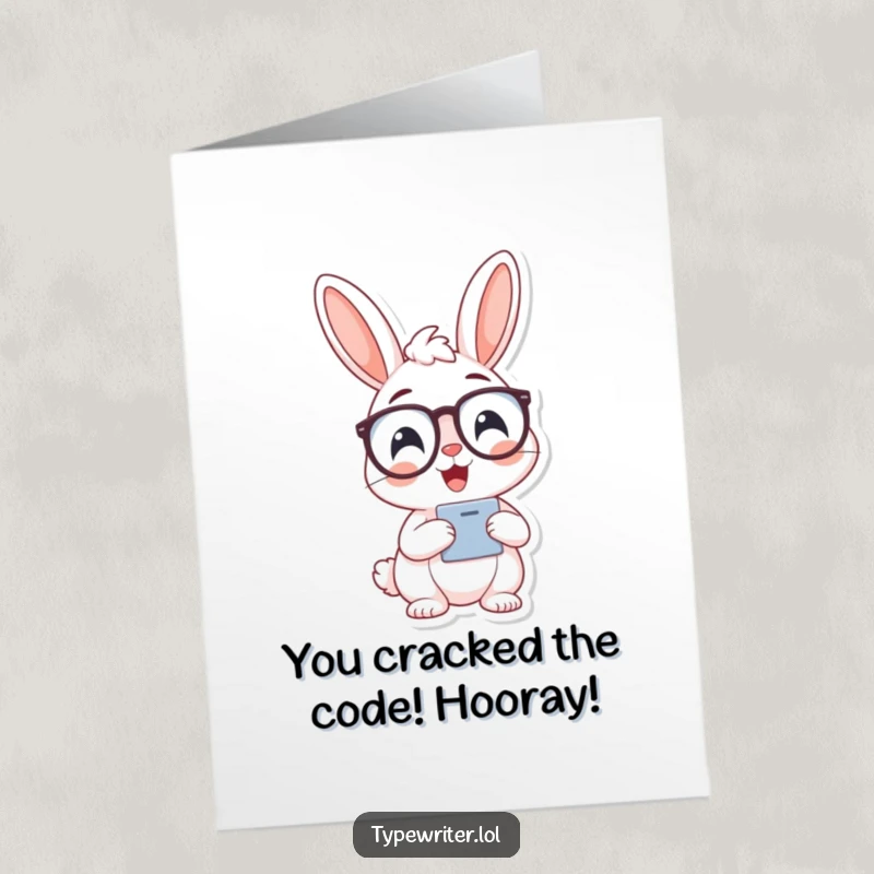 Funny Free Printable Congrats Card: A cheerful bunny character wearing spectacles is typing, congratulating success with intelligent humor.