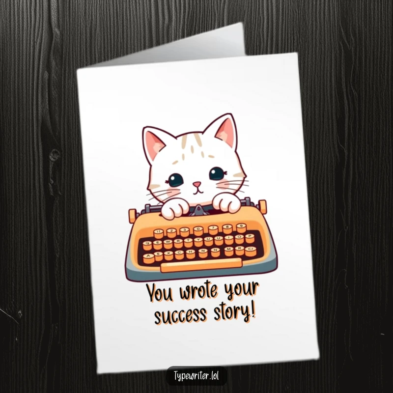 Funny Free Printable Congrats Card: A cat character pecks at typewriter keys with its paws, celebrating accomplishments with a humorous flair.