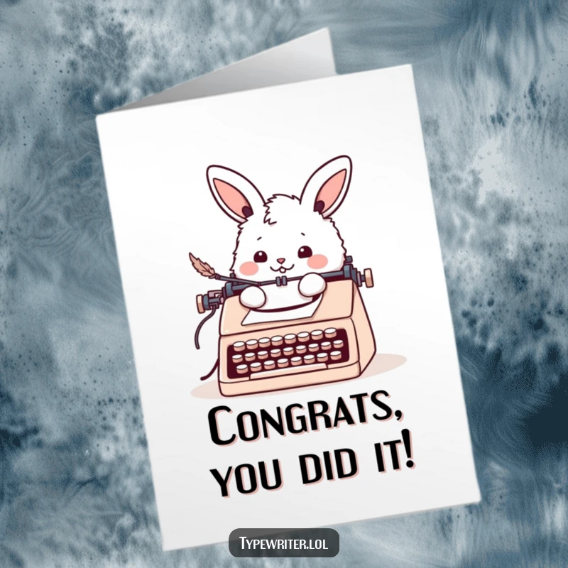 Funny Free Printable Congratulations Card showing a cheerful bunny writing with a quill pen at a typewriter.