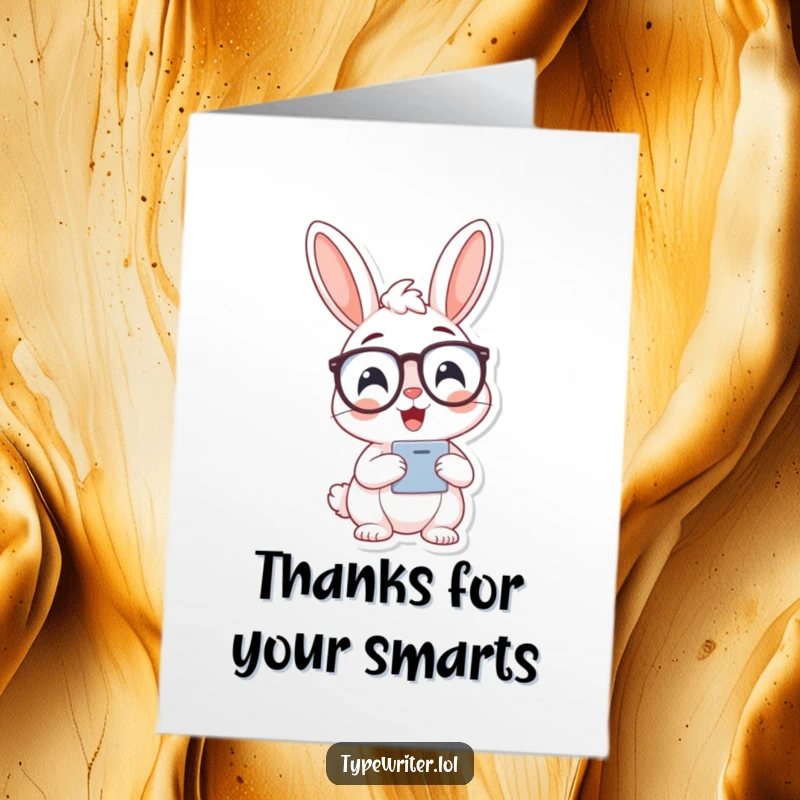 Funny Free Printable Thank You Card: A cheerful bunny character with spectacles is typing, offering thanks with a smart and humorous tone.