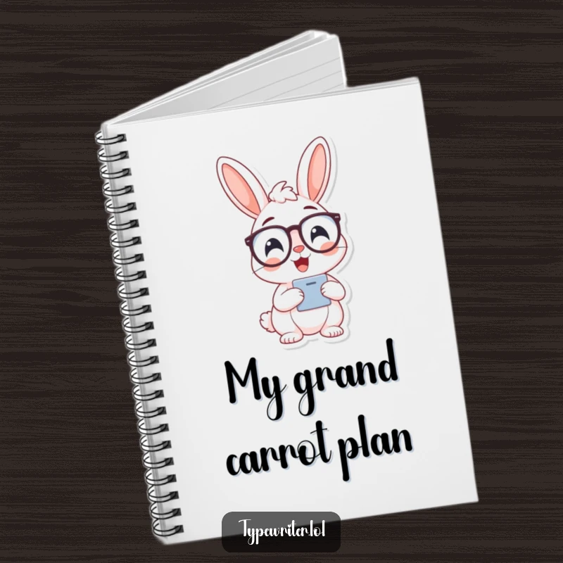 Funny bunny typist notebook, featuring a cheerful bunny character wearing spectacles and typing.