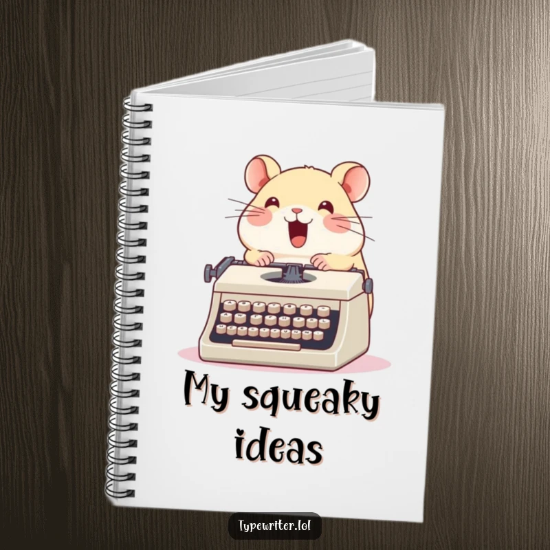 Funny hamster notebook, a cute round hamster enthusiastically typing on a vintage typewriter with glee, humorous stationery gift.