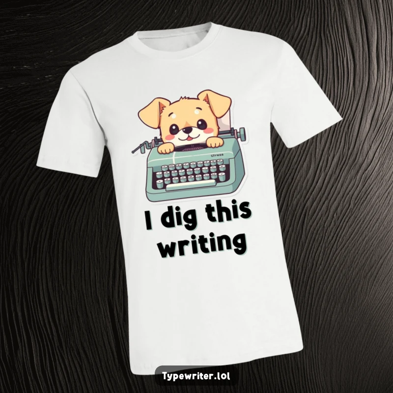 Funny dog t-shirt: a playful small dog looking up from a typewriter with curious eyes, great for casual wear.