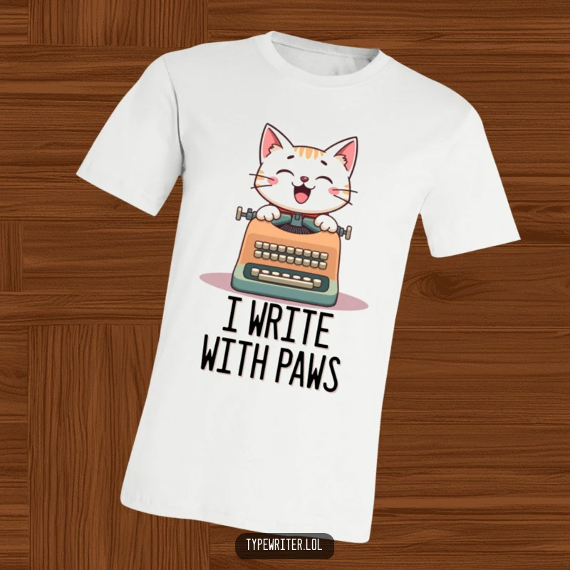 Funny Cat Writer T-Shirt: A cheerful cat at a vintage typewriter, symbolizing creative expression and humorous storytelling.
