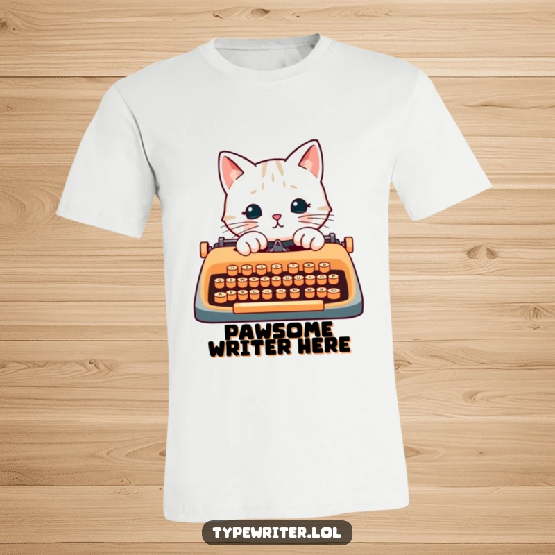 Funny cat writer t-shirt, depicting a cat using its paws to type on a vintage typewriter.