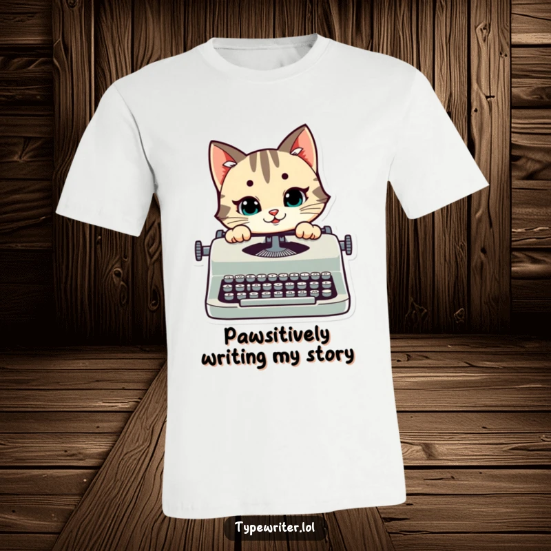 Funny cat t-shirt: a happy stylized cat peeking over a typewriter with a mischievous smile, ideal for cat enthusiasts.