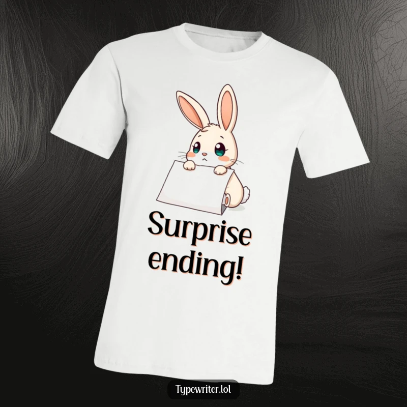 Funny Rabbit T-Shirt: A curious rabbit character with a look of astonishment, staring at typed paper, capturing pure surprise.