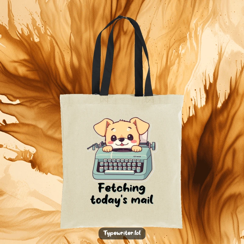 Funny dog tote bag with a playful small dog looking up from a typewriter with curious eyes, perfect for daily use.