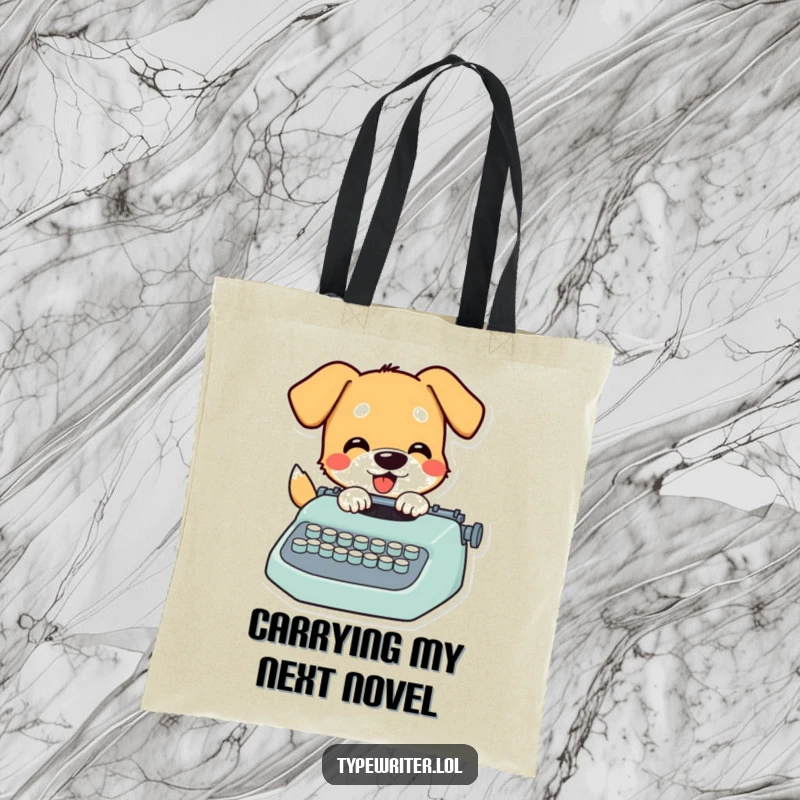 Funny Dog Tote Bag: A joyful dog character intensely pecking at typewriter keys, ready to carry books and dreams.